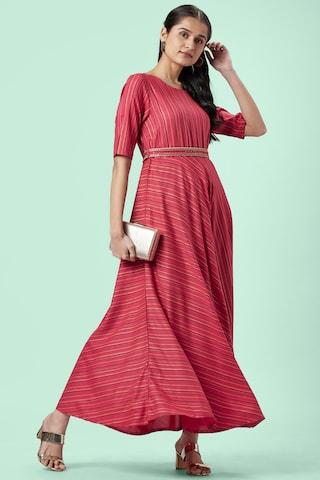 red printeded round neck ethnic full length half sleeves women regular fit dress