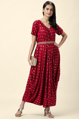 red printeded v neck ethnic calf-length short sleeves women regular fit dress