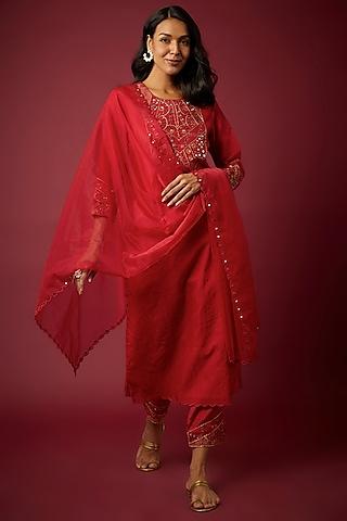red pure chanderi hand & machine embroidered kurta set