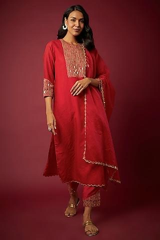 red pure chanderi machine embroidered kurta set
