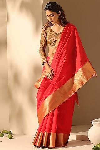 red pure chanderi silk handloom saree set