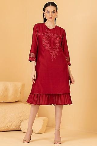 red pure chanderi thread & pearl embroidered dress