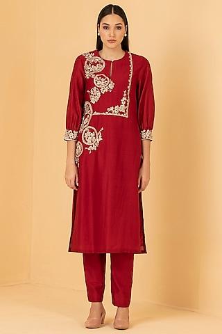 red pure chanderi zari & sequins embroidered tunic set