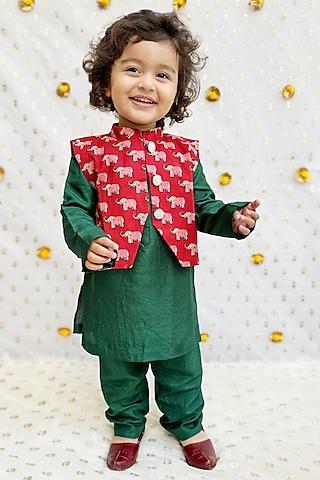 red pure cotton animal printed nehru jacket set for boys