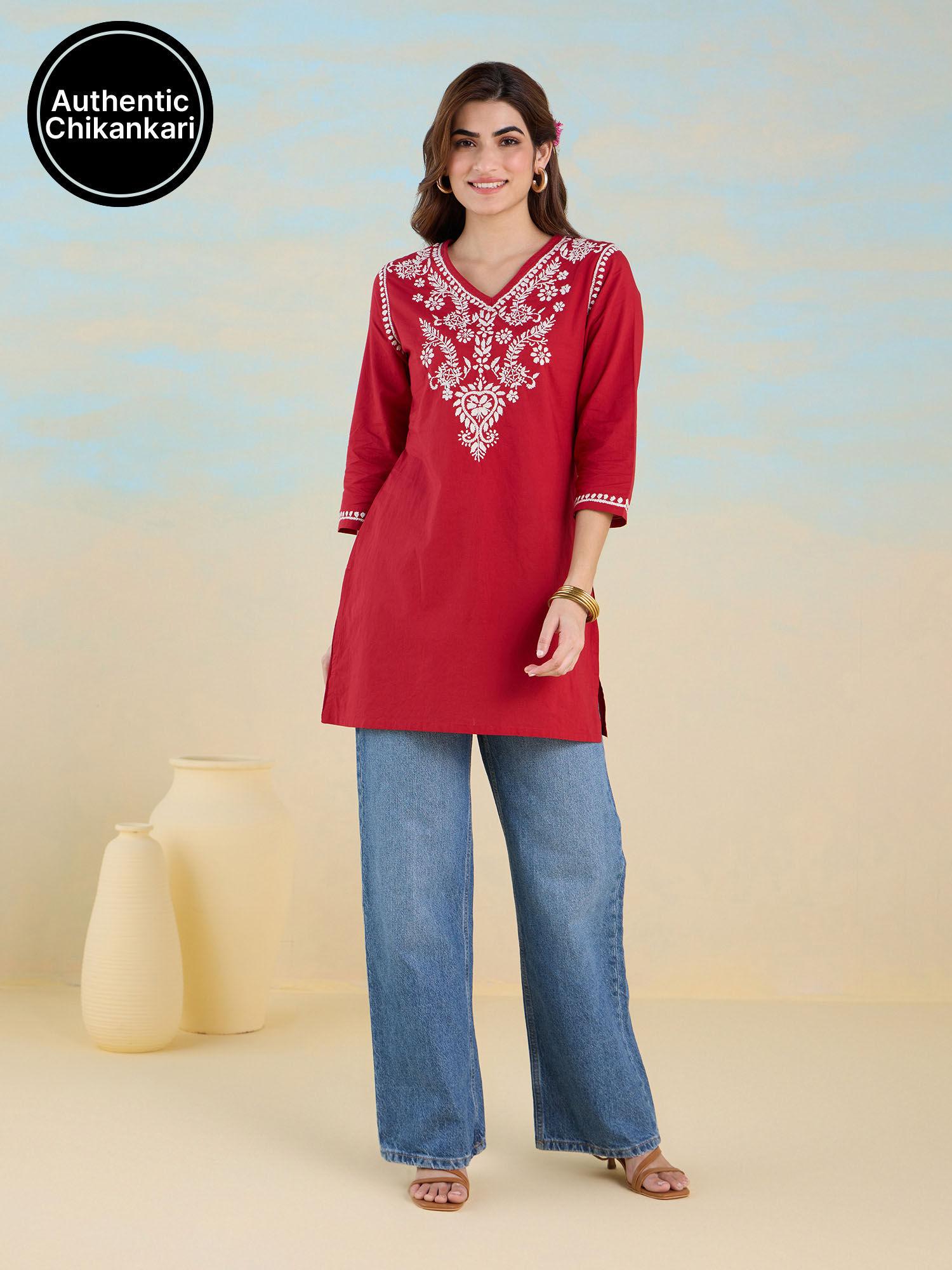 red pure cotton authentic chikankari embroidered straight short kurti likcktu01