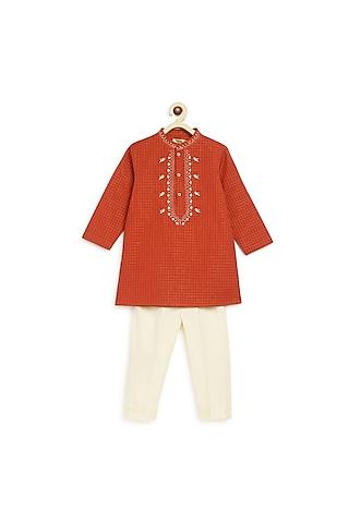 red pure cotton embroidered kurta set for boys