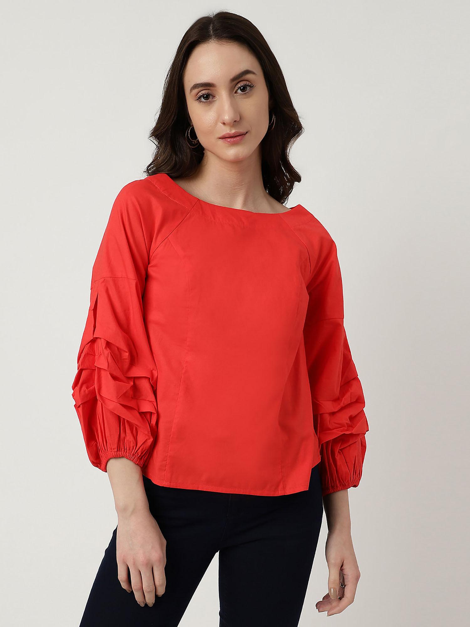 red pure cotton plain boat neck blouse