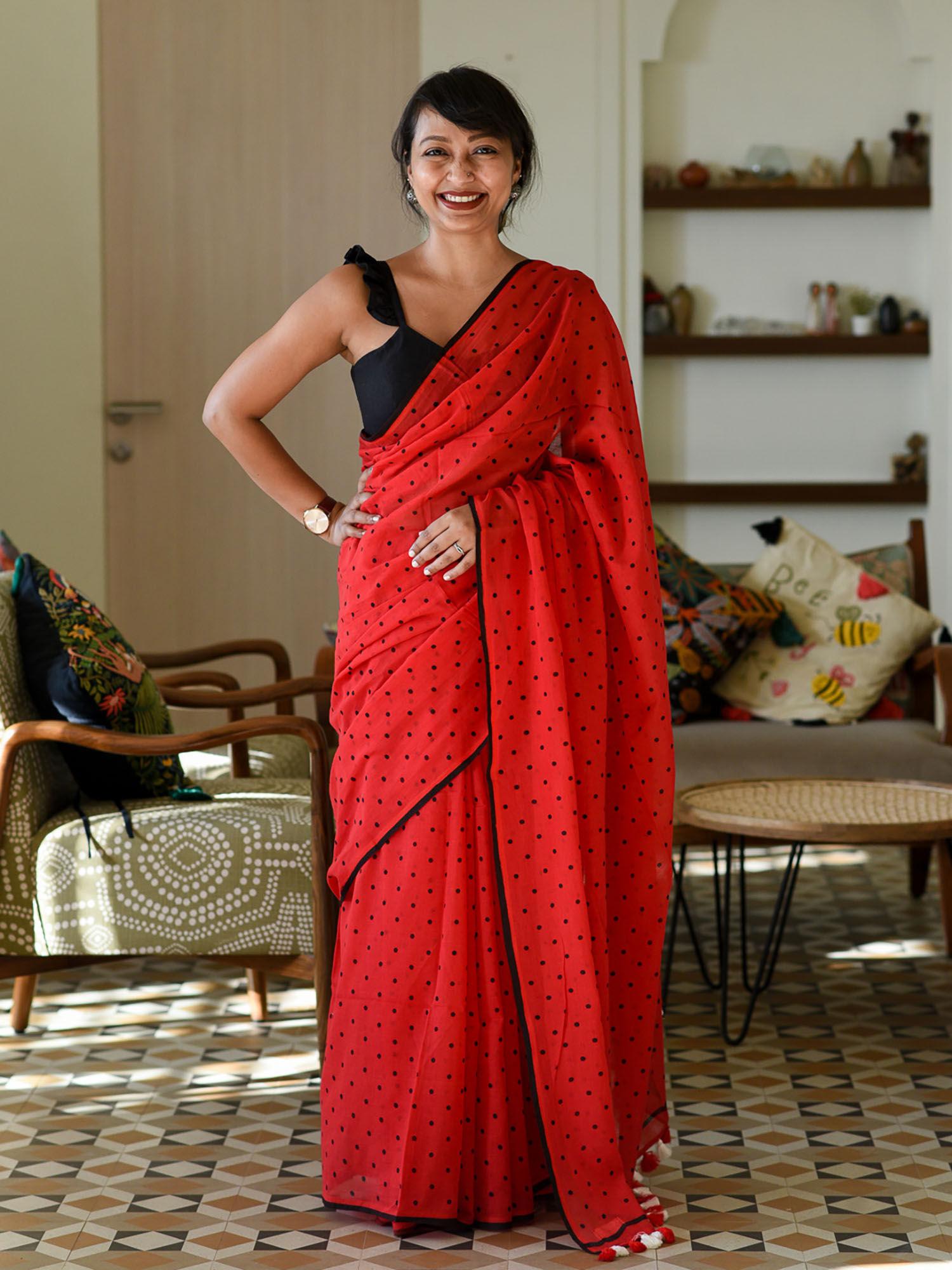 red pure cotton polka dots printed saree