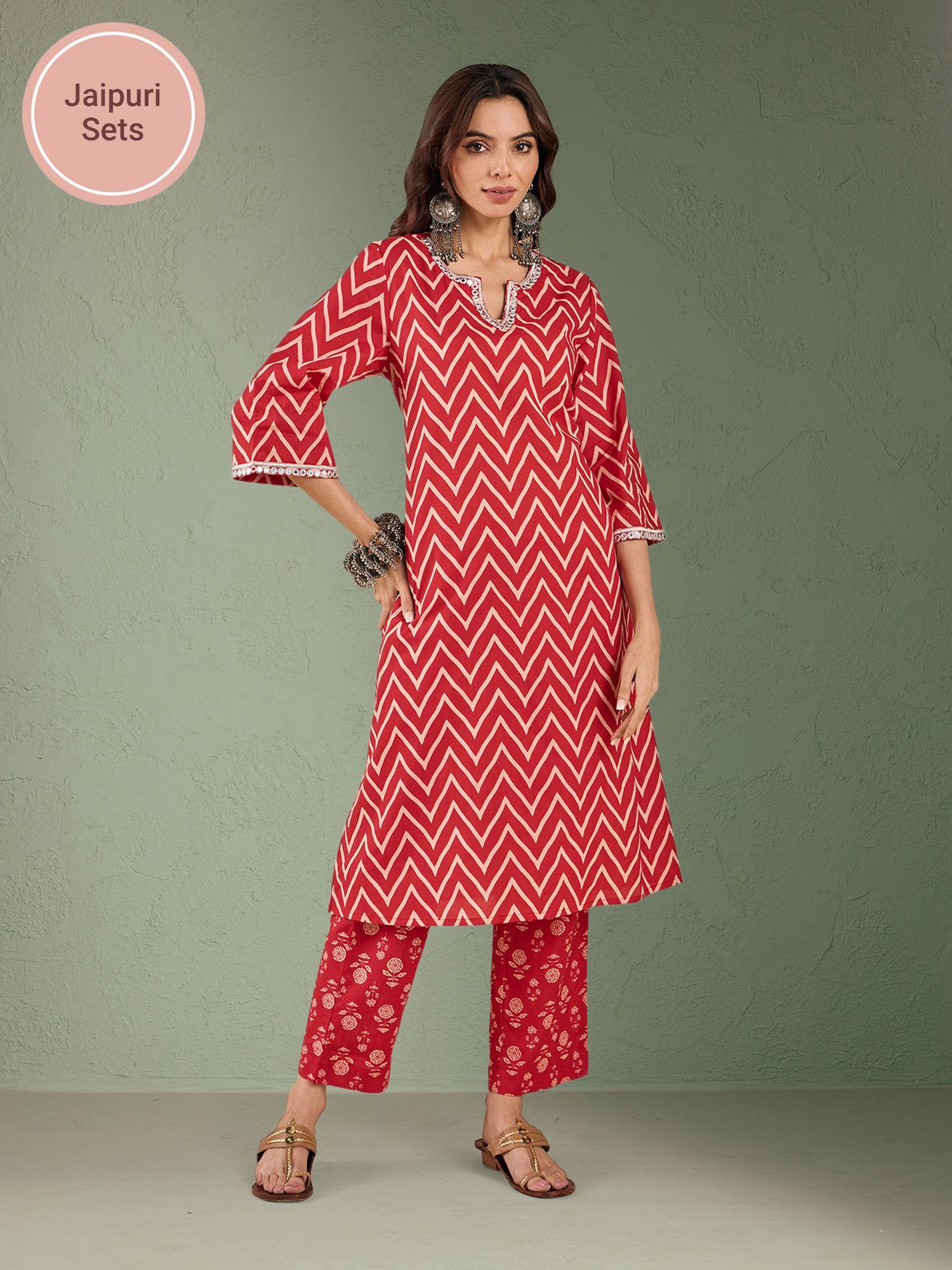 red pure cotton printed straight kurta with mirror work on neck & printed pant likwpsks011