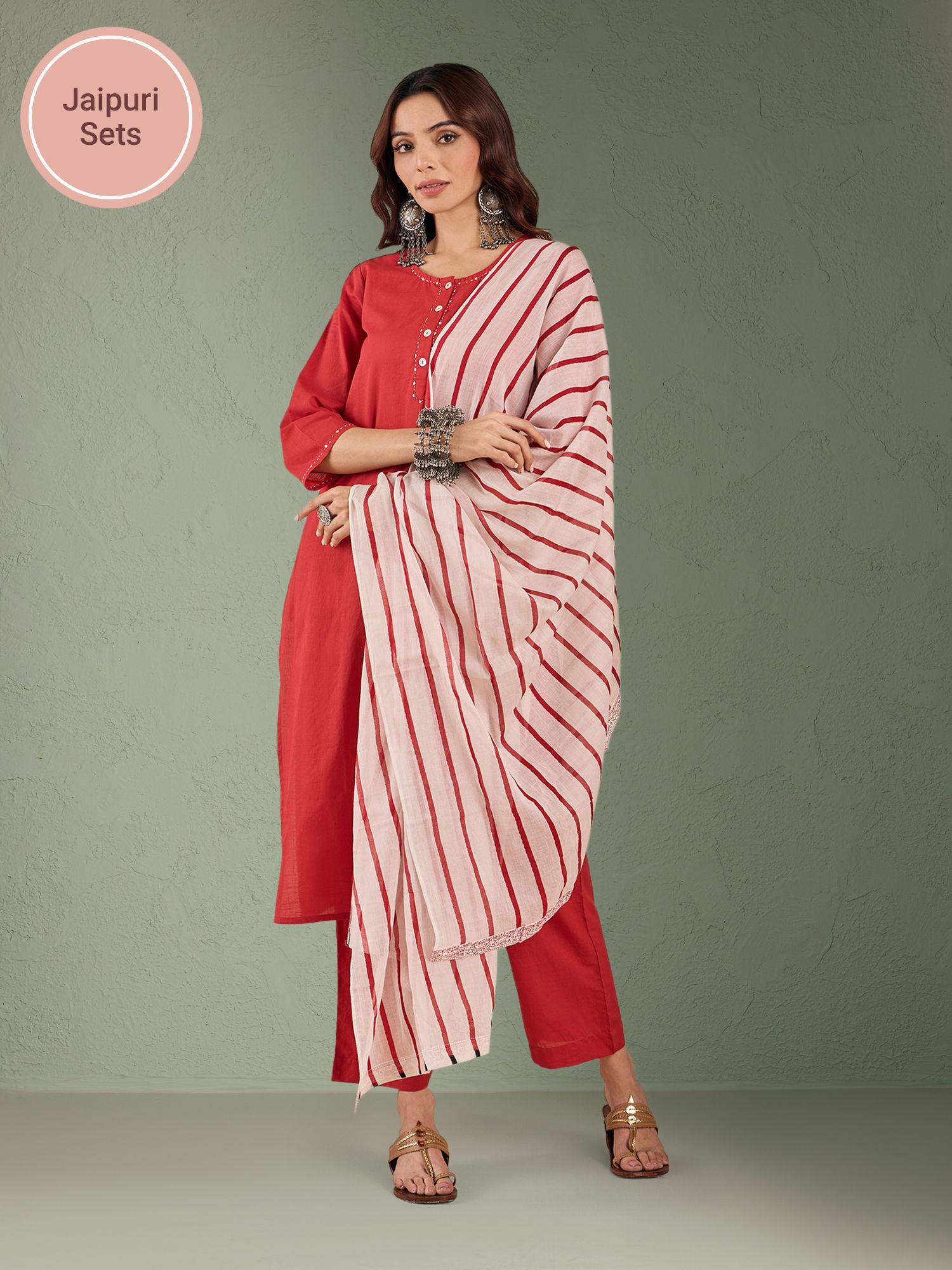 red pure cotton straight kurta with sequins on neck with pant & printed dupatta likfebskd08