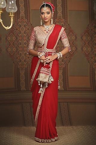 red pure crepe gota & badla embellished saree set