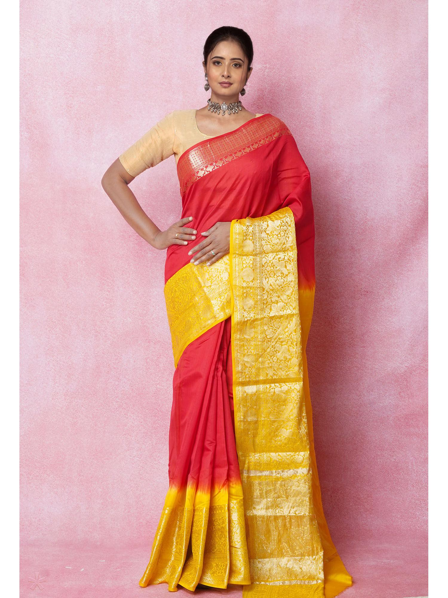 red pure dyed banarasi chania silk saree with unstitched blouse