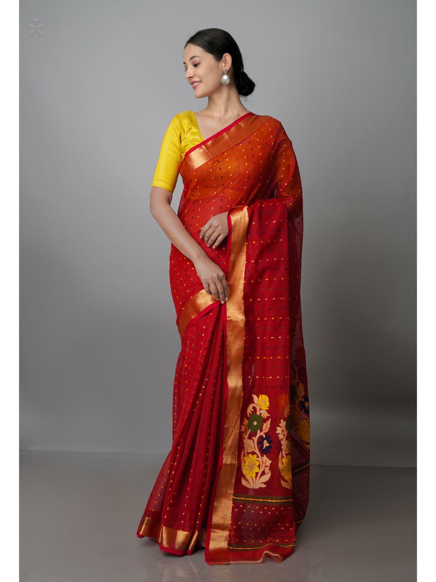 red pure handloom dhakai jamdani cotton silk saree