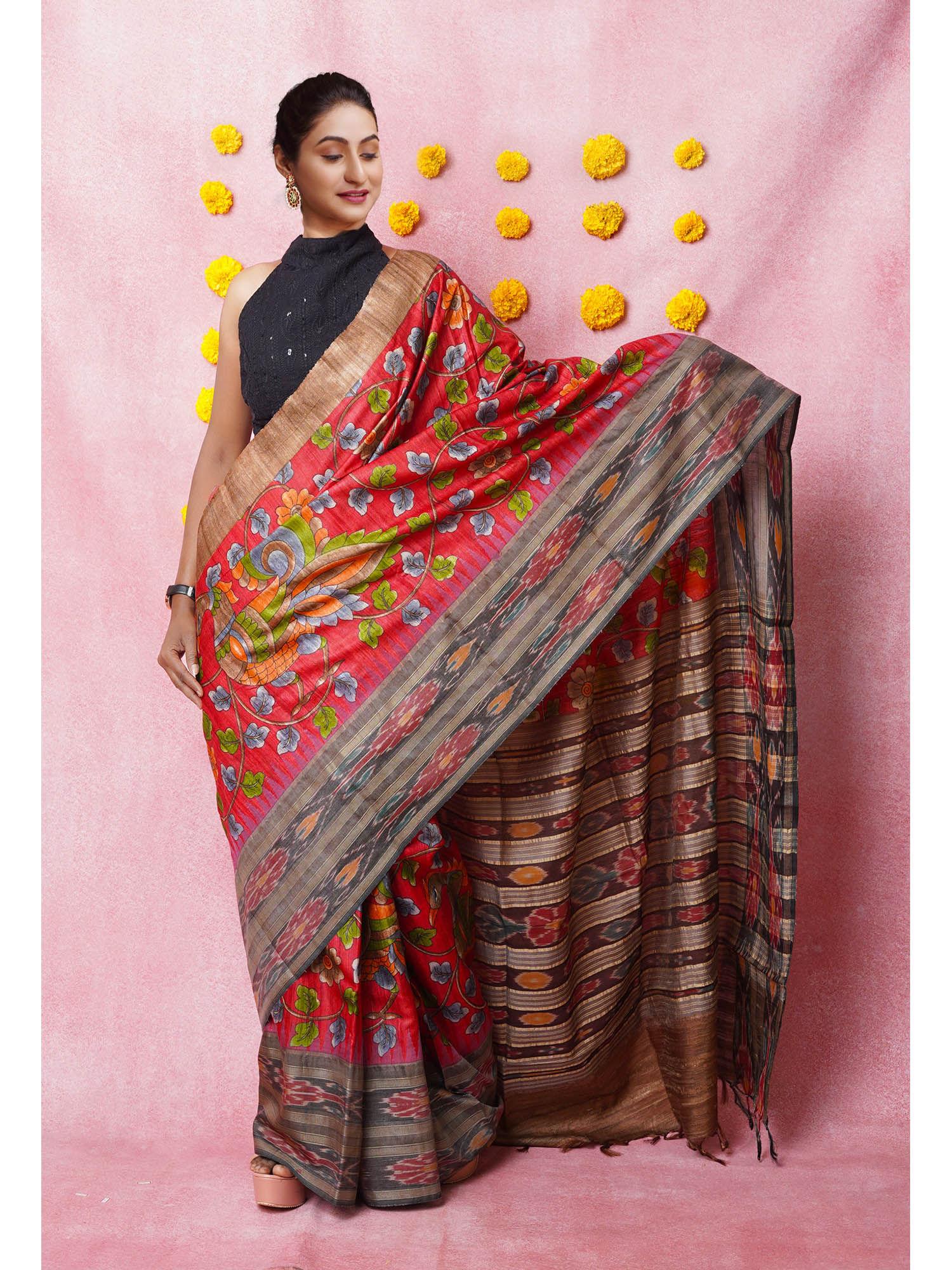 red pure handloom kalamkari printed tussar silk saree with unstitched blouse