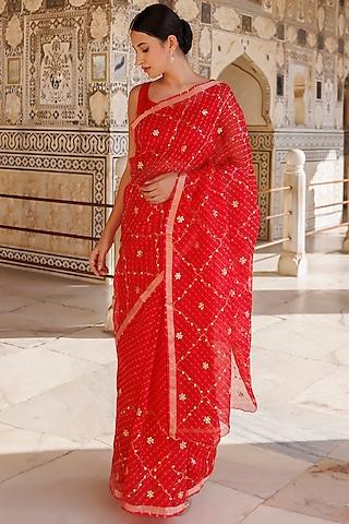 red pure kota silk hand embroidered saree set