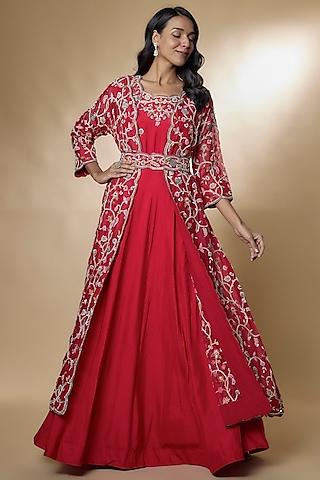 red pure organza embroidered cape set