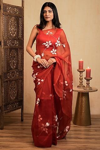 red pure organza floral hand-painted saree set