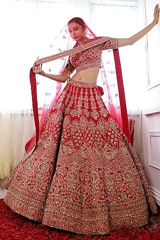 red pure raw silk embroidered lehenga set