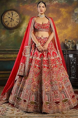 red pure raw silk embroidered lehenga set