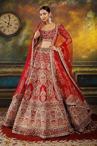 red pure raw silk embroidered lehenga set