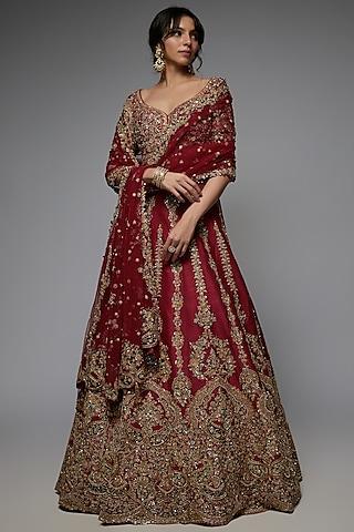 red pure raw silk embroidered lehenga set