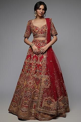 red pure raw silk embroidered lehenga set