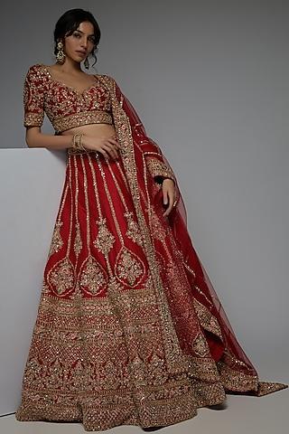 red pure raw silk embroidered lehenga set