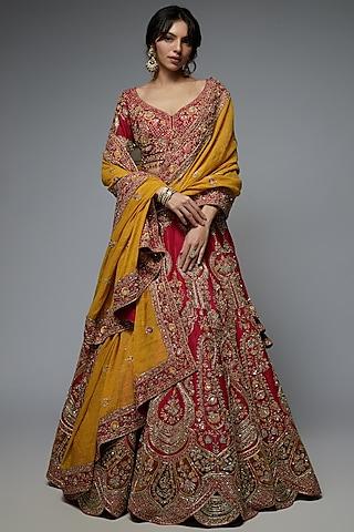 red pure raw silk embroidered lehenga set