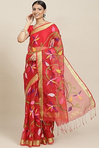 red pure resham silk printed & floral motif embroidered handloom saree
