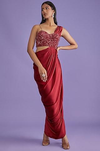 red pure satin draped gown with corset