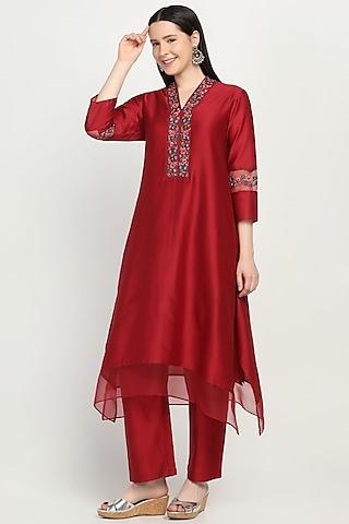 red pure silk chanderi embroidered kurta set