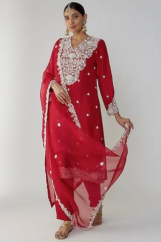 red pure silk hand embellished kurta set