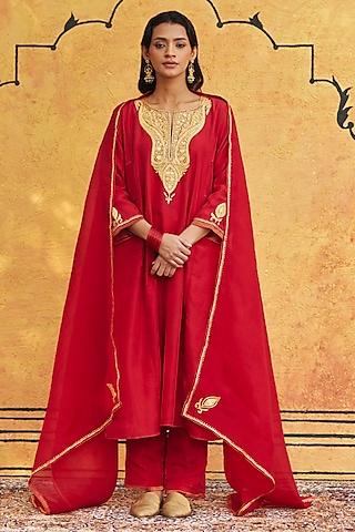 red pure silk hand embroidered kurta set
