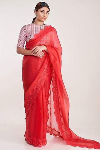 red pure silk organza embroidered saree set