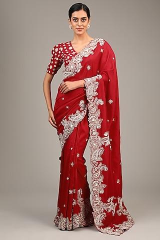 red pure silk resham & pearl hand embroidered saree set