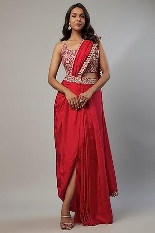 red pure silk resham patch embroidered draped saree set