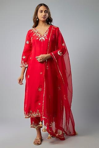 red pure spun silk hand embroidered kurta set