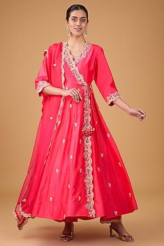 red pure spun silk pearl & resham embroidered angrakha anarkali set