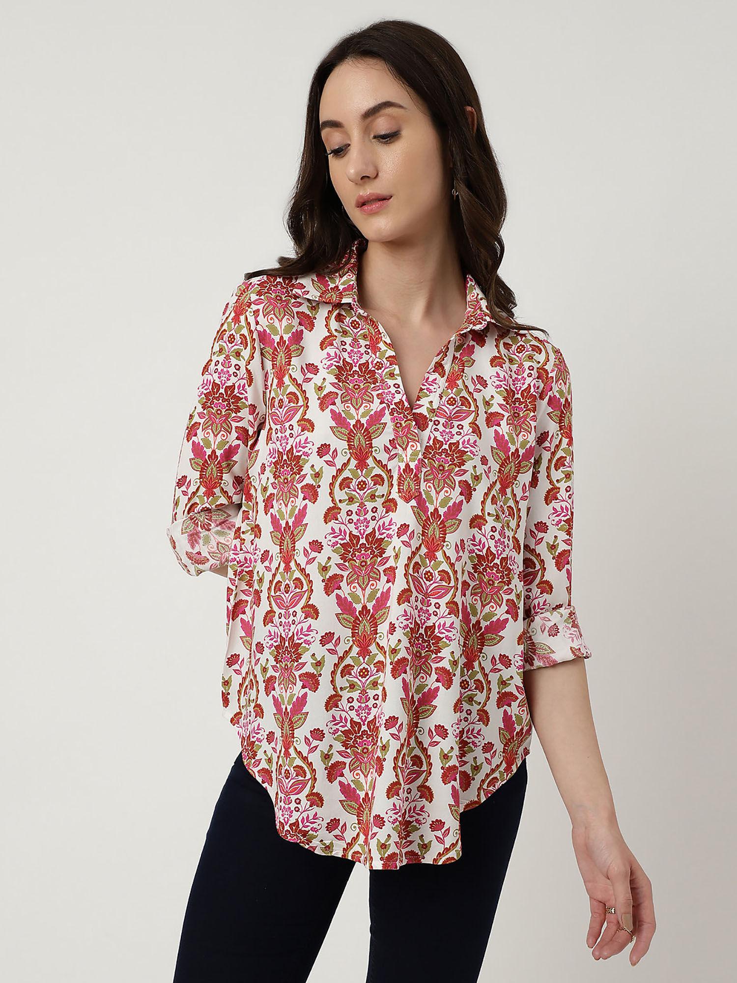 red pure viscose printed collared neck blouse