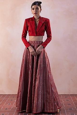 red pure zari tissue handwoven lehenga set