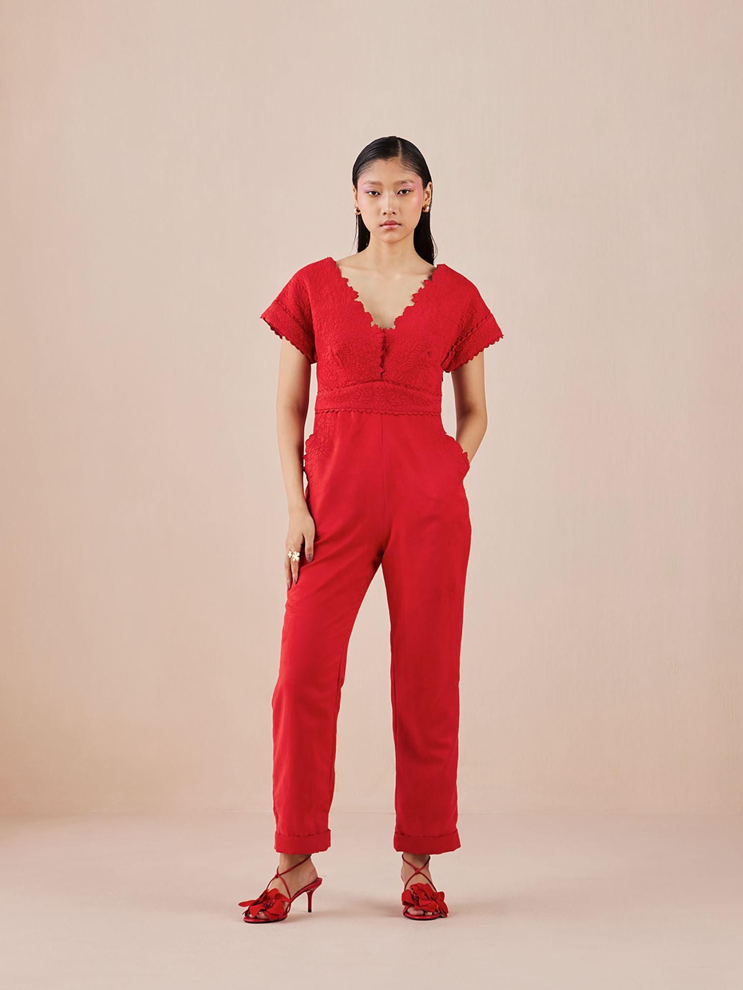 red quilted jumpsuit