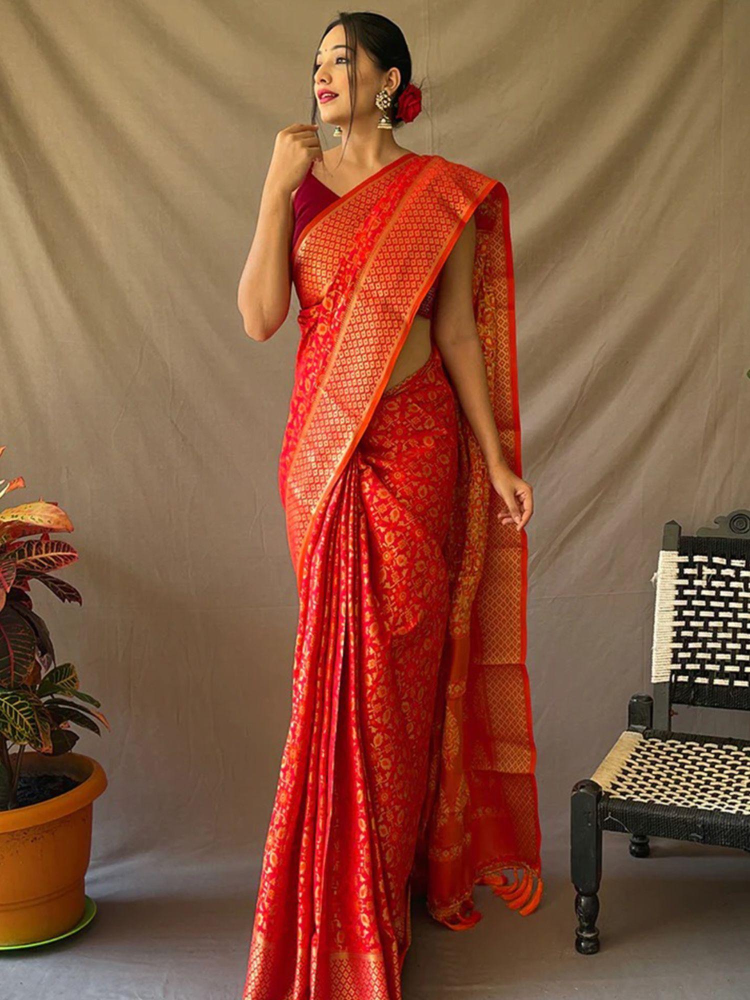 red rajkot patola silk zari woven saree with unstitched blouse