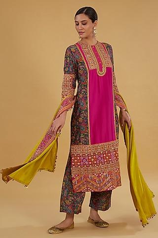 red rani chanderi silk hand & machine embroidered kurta set