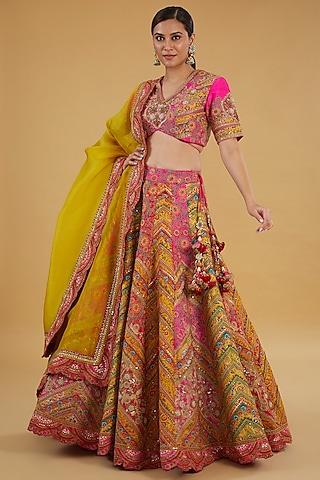 red rani raw silk embroidered lehenga set