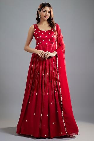 red raw satin bead embroidered anarkali set