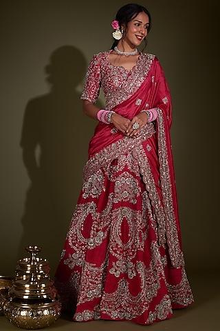 red raw silk & organza embroidered lehenga set