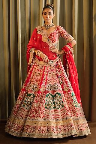 red raw silk aari hand work lehenga set