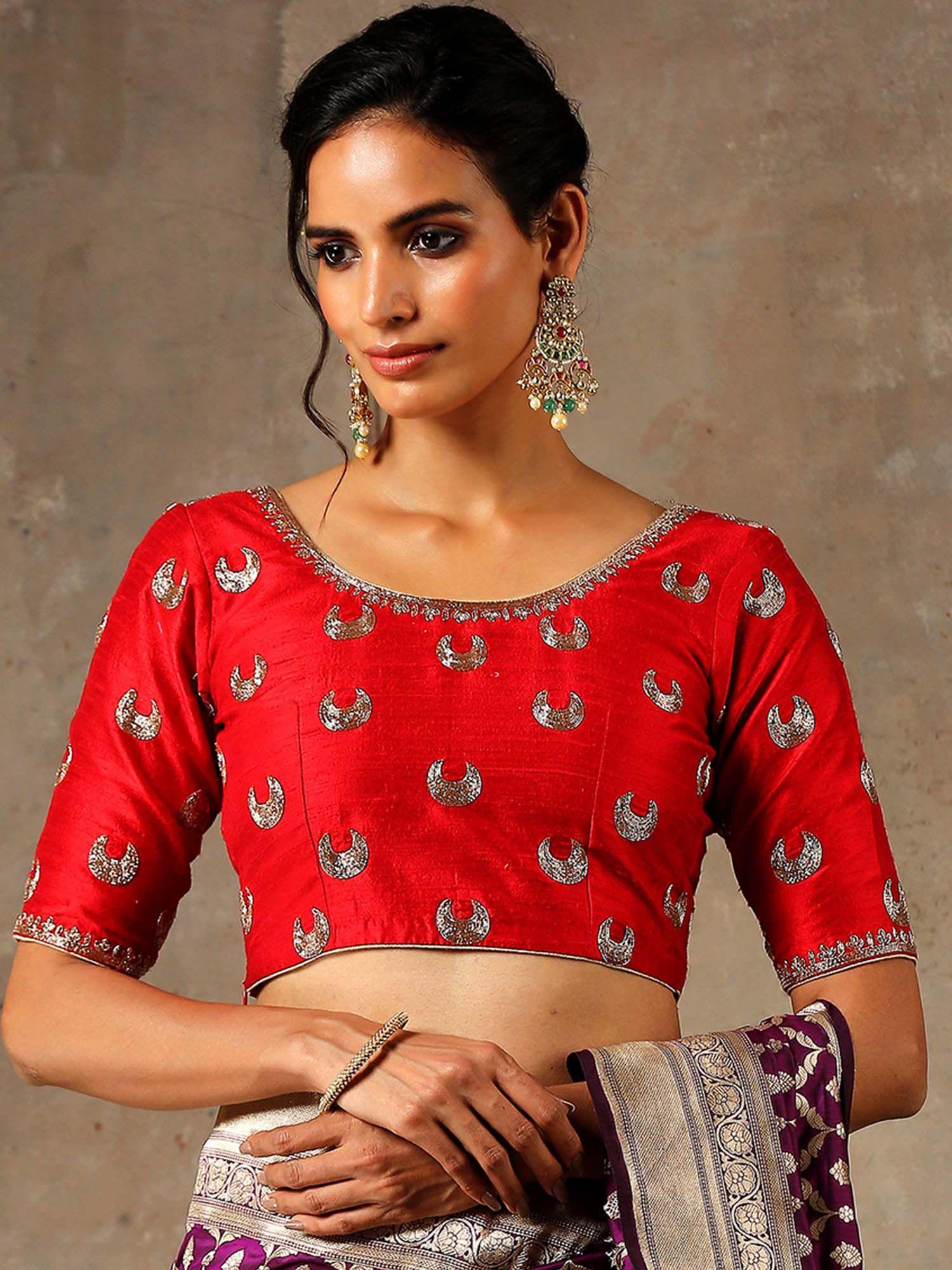 red raw silk blouse with chaand boota zardozi embroidery