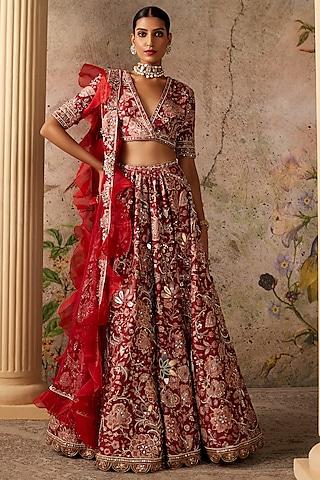 red raw silk chintz printed & mirror embellished lehenga set