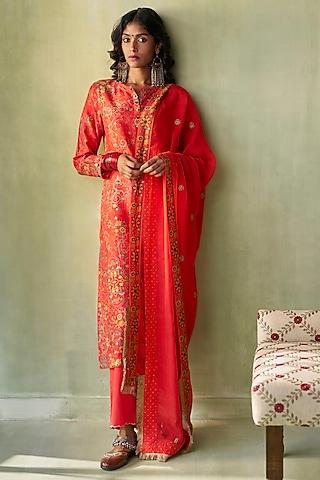 red raw silk cord embroidered kurta set